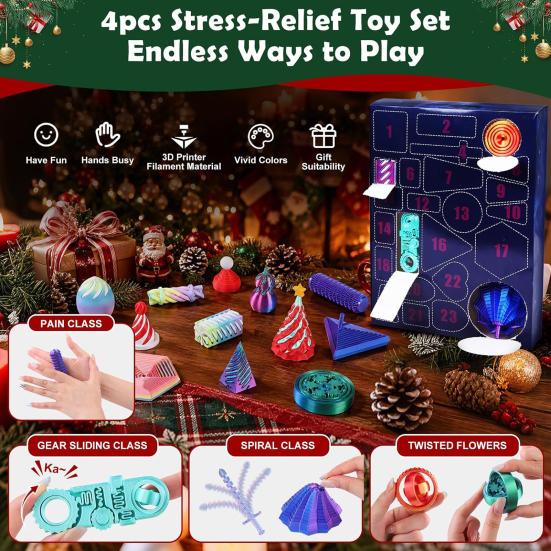 Tragbare Stressreduzierer für Erwachsene 2026 Weihnachts-Adventskalender, 24-Tage-Countdown-Box mit Mini 3D-gedruckten lustigen Feiertags-Vorfreude-Geschenken