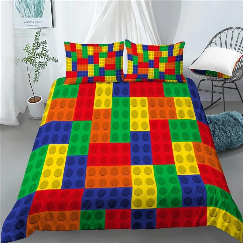 

Colorful Toy King Queen Duvet Cover 3D Building Block Pattern Bedding Collection Fun Brick Quilt Cover Gradient Rainbow Comforter Cover 135X200cm-2pcs