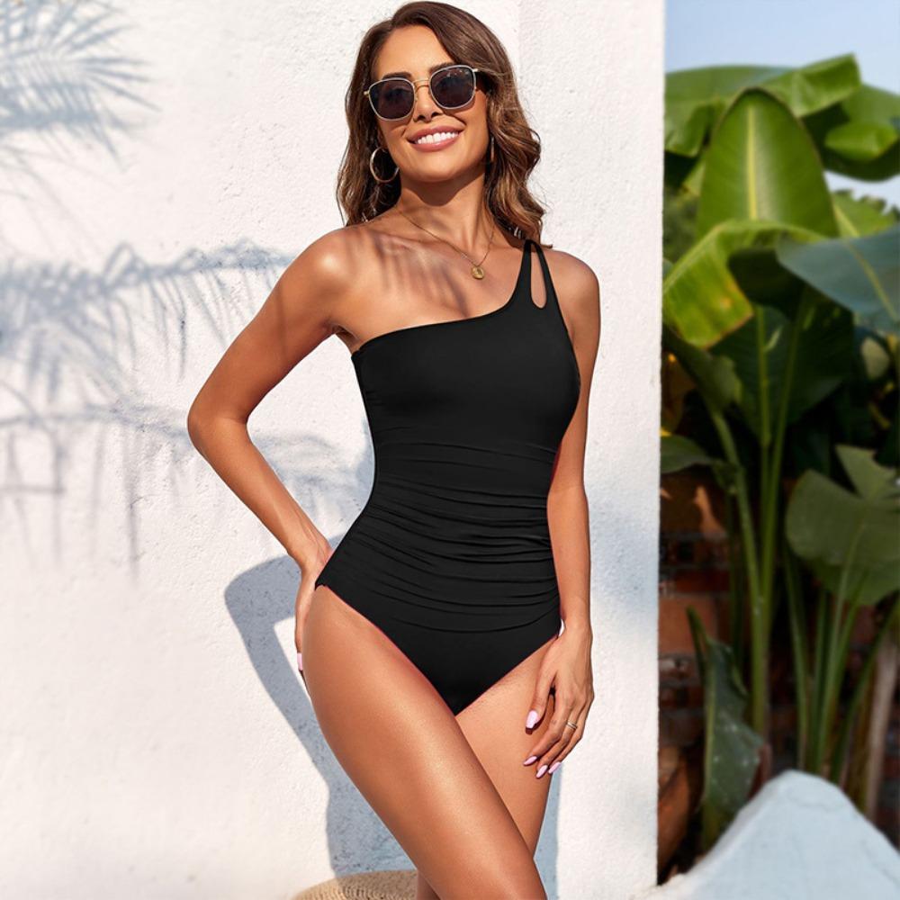 European and American New One-shoulder One-piece Tight Swimsuit for Women's Sexy Solid-color Halter Swimsuit
