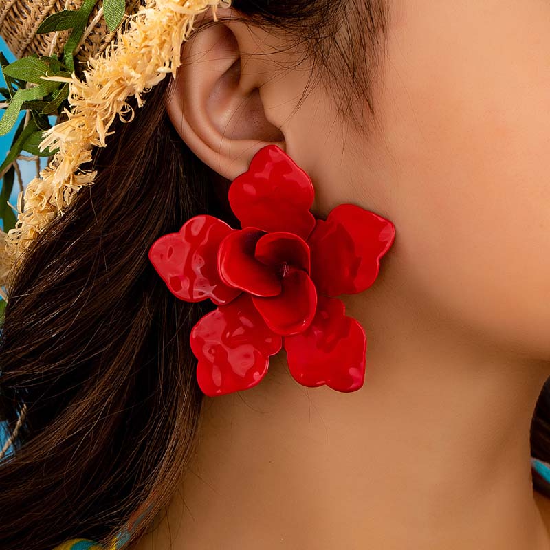 Favorite Toy Women's Pink Exaggerated Metal Large Flower Stud Earrings For Vintage Red Drip Oil Petal Personality Earrings Party Zircon Accessories
