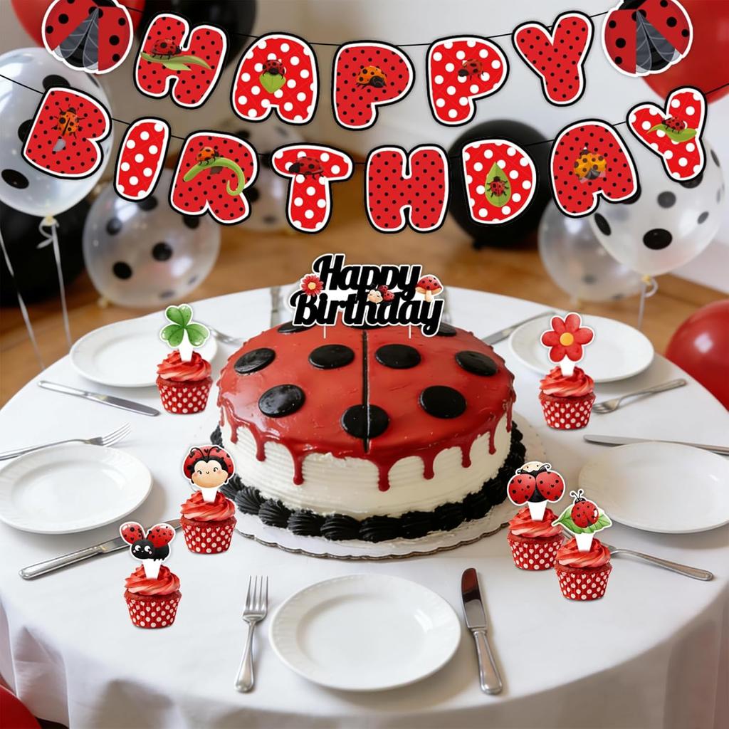 Cute Ladybug Theme Happy Birthday Party Decor Banner Cupcake Toppers Hanging Swirls Red Black Polka Dot Baby Shower Supplies