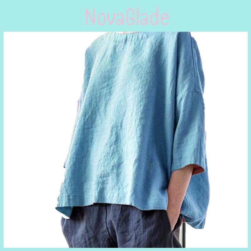 Bohemian Style Cotton Linen Loose Fit Shirt With Patchwork Design For Casual Women
