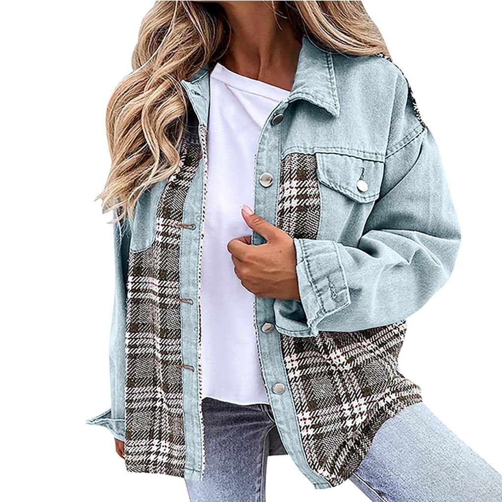 Langermet dongerijakke for kvinner i plussstørrelse Basic Lapel Button Down Cropped Casual Jean-jakker Trucker Coats-jakke