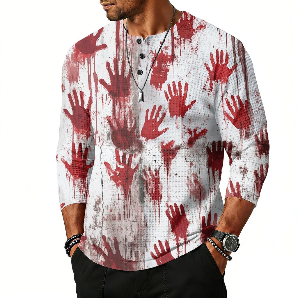 Men's Casual Halloween Print Henley Shirt Raglan Sleeve Three Quarter Sleeve Top with Button Placket for Daily Wear