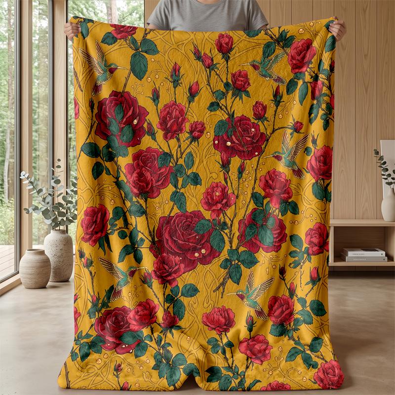 Red Rose with Jeweled Butterflies Theme Blanket Lightweight Warm Flannel Blanket Decorative Throw Blanket for Home Decoration