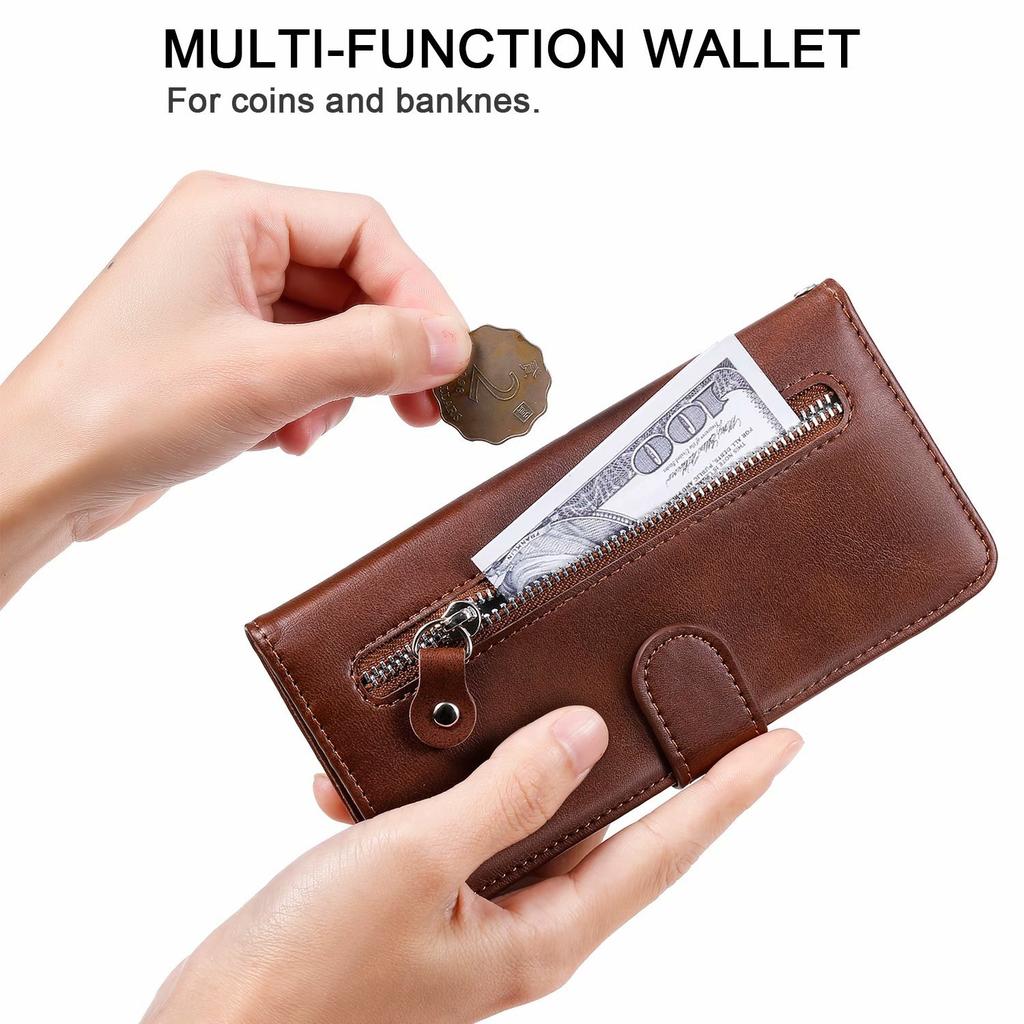 Applicable to iPhone15 leather case, Samsung Note20 calf pattern zipper wallet insert card holder protective case 14Pro