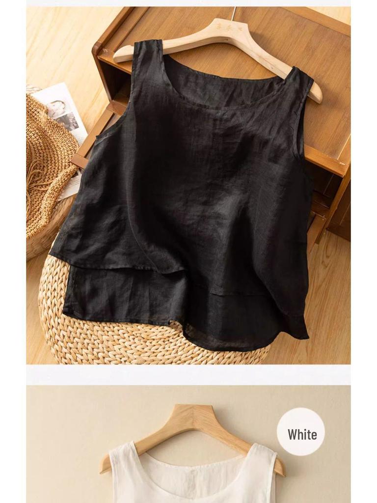 Dámská bavlněná lněná tílko nadměrné velikosti - Volný střih Retro minimalistický design