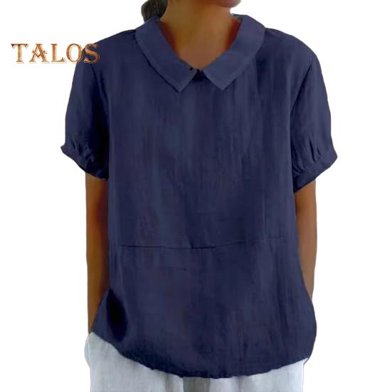 Damen Freizeithemd mit umgeschlagenem Kragen, kurzärmelig, einfarbig, lockere Passform, Sommer-T-Shirt für den Alltag