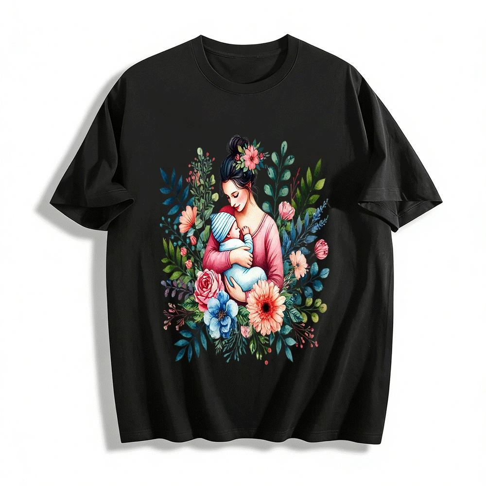 Floral Print Top With Mother Holding Baby Design Casual Wear Pure cotton T-shirt XXS