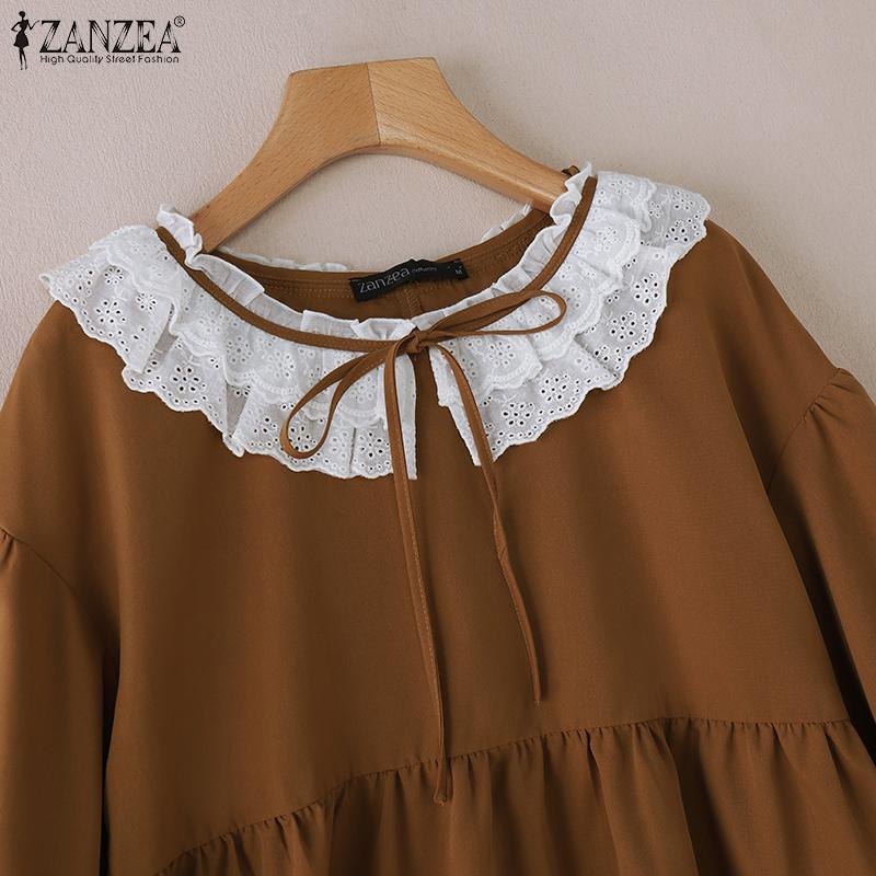 ZANZEA Dámská krajková háčkovaná halenka s kulatým výstřihem, volná, s dlouhým rukávem