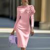 Women's Round Neck Slim Fit Dress with 3D Floral Side Accents, Color for Everyday Wear