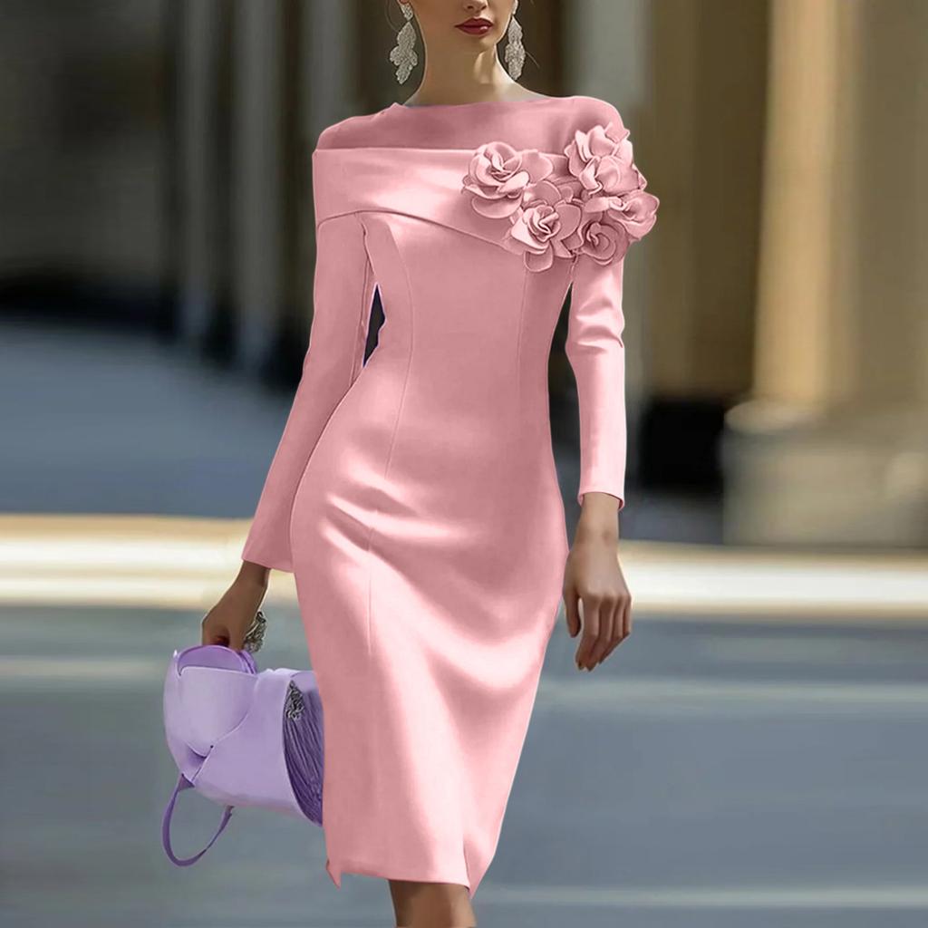Women's Round Neck Slim Fit Dress with 3D Floral Side Accents, Color for Everyday Wear