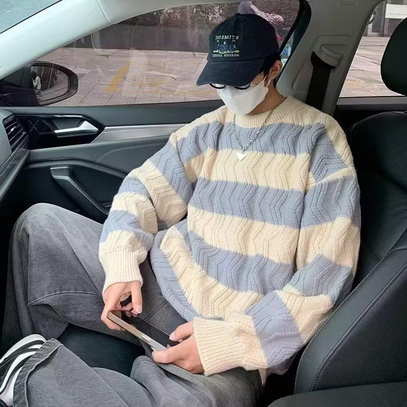 Striped Crew Neck Thickened Sweater Men's Spring and Autumn Loose Lazy Wind 2025 New Outer Wear Knitted Sweater Jacket