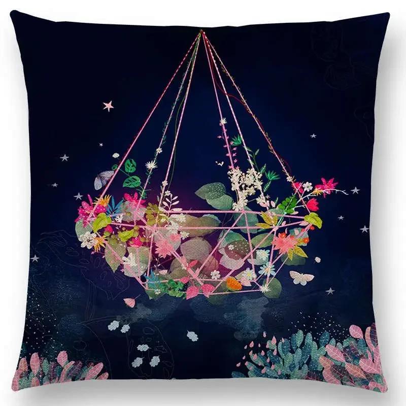 Norrsken Häst Blommor Blad Soffa Kasta Kudde Fodral Träd Blommig Trädgård Magisk Dröm Fantasi Natt Räv Rådjur Enhörning Kuddfodral