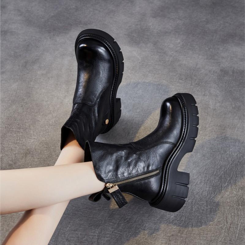 Johnature Retro Thick Soled Side Zipper Women's Short Boots Genuine Leather Knight Boots