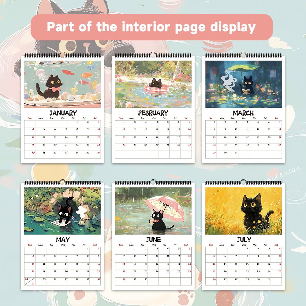 1pc, 2026 Adorable Healing Black Cat Series Wall Calendar, Cat Calendar, 12 Different Designs, Wall Calendar, Birthday, Christma