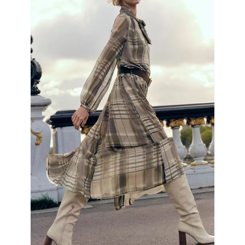 Za2024 Autumn New Women's Clothing with Belt Tight Waist Slim Looking Printed Checks Midi Dress 9205231