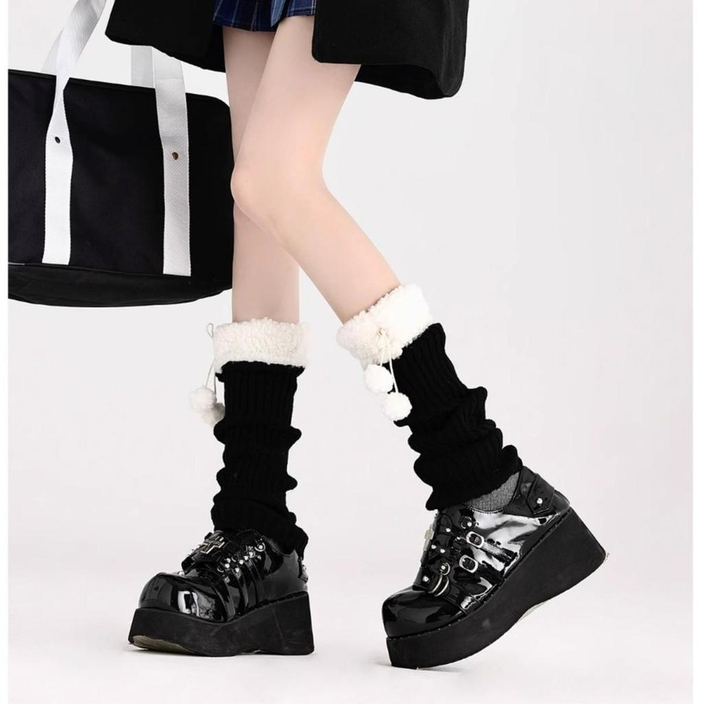Japanese Lolita Lamb Wool Leg Warmers with Pompoms - Cozy Retro Autumn/Winter Scrunch Socks for Women