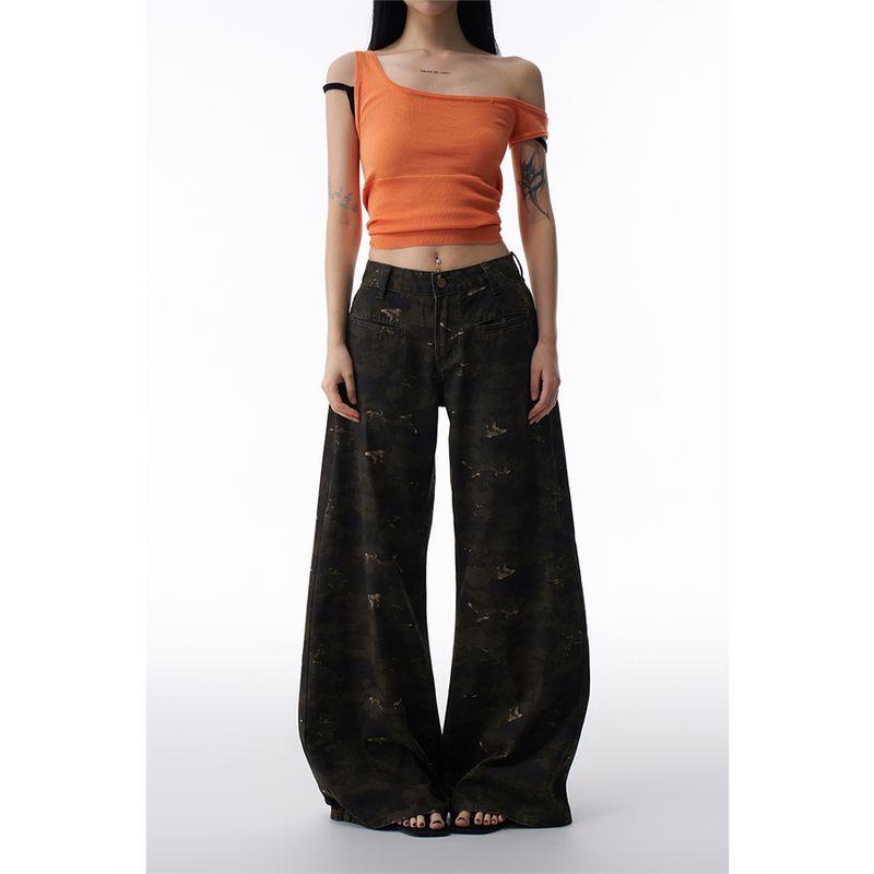 American Retro Loose Cargo Jeans Female This Year Popular Distressed Profile Camouflage Loose Pants Super Slimming Pants