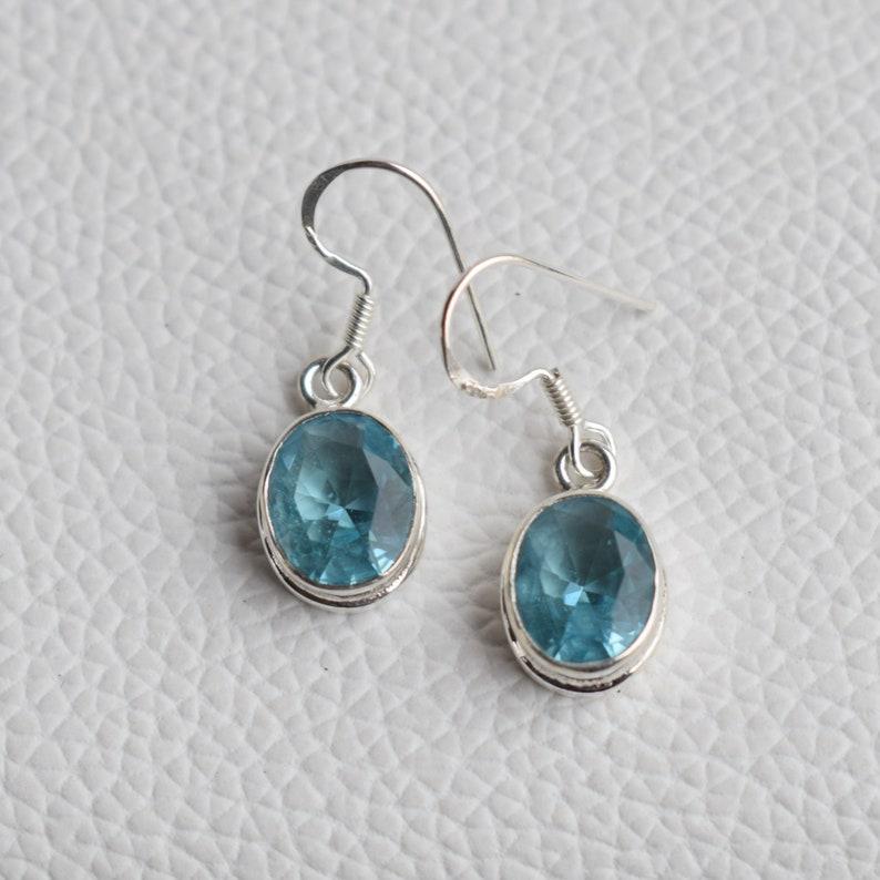 Solid 925 Sterling Silver Blue Topaz Gemstone Birthday Anniversary Gift Dangle Earring Jewelry