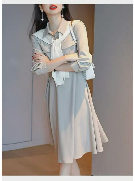 Plus Size Women's French Style Long Sleeve Slim Waist Polo Dress, 2024 Spring/Autumn Collection