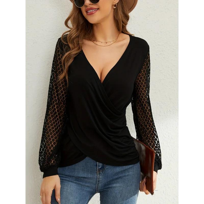 

Spring Women s Loose Lantern Sleeve T-shirt Lace Patchwork French Style Cross V-neck Pure Color Top Female Upperwear XXL чорний