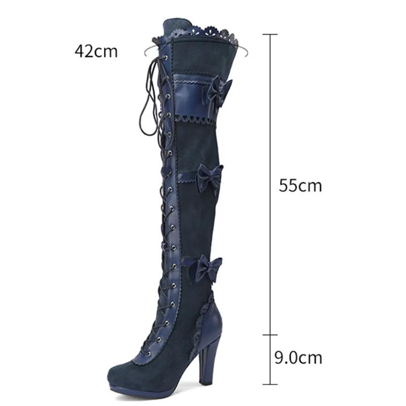 Fashion 2025 Big Size 43 Women's Black Goth Over knee Boots Lace Up Retro Gothic Black High Heels Boots Vampire witch Cosplay Shoes Bow