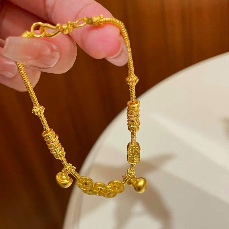 

Браслет-оберег из песочного золота в виде тыквы-горлянки, обвивающий запястье, женский, на удачу, с монетами Пяти императоров, медными монетами, новые китайские ювелирные изделия из желтого золота Five Money Emperor Gourd Broken Gold Bracelet