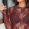 Women Tops Mock Collar Long Sleeve Slim Fit Blouses Sexy See-through Floral Embroidered Lace Mesh Shirt