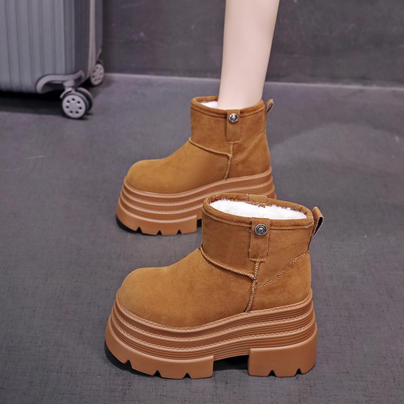 Fashion 10CM Suede Cow Genuine Leather Snow Boots Women Chelsea Boots Shoes for Women Ankle Booties Platform Wedge Winter Plush