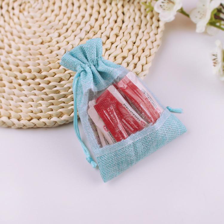 10pcs Window Linen Bundle Pocket Mesh Splicing Bag Cosmetic Organizer Storage Bag Jewelry Drawstring Storage Bag