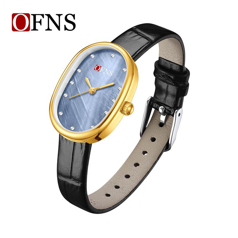Fashion Ofns Women's Fashion Luxury Pearl Mother Of Dial Diamond Dot Oval Quartz Waterproof Light Dress Watch For Girlfriend Gif