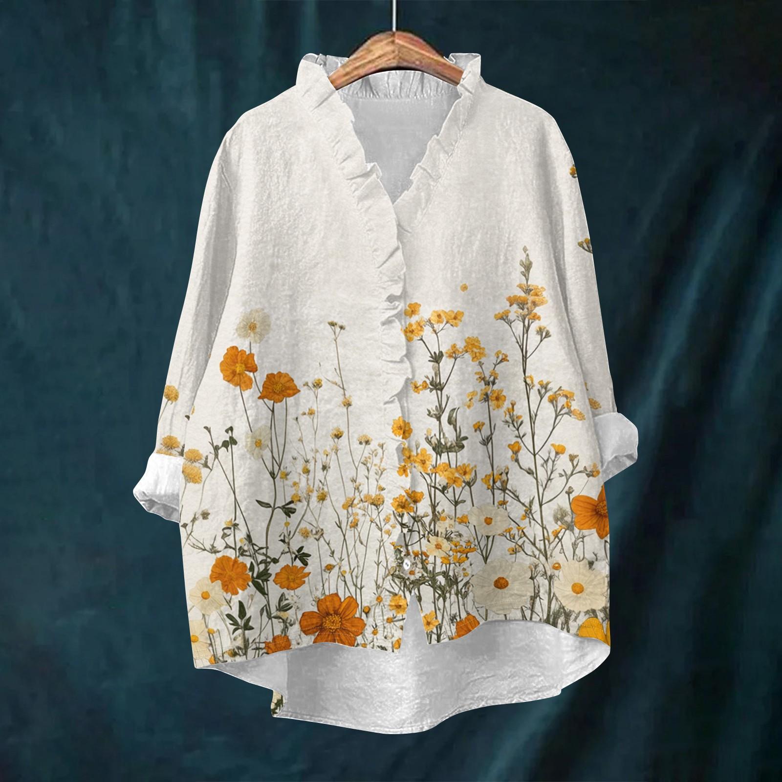 

Women s Loose Ruffled Retro Floral Print Stand Collar Long Sleeve Cotton And Linen Top XL бежевый