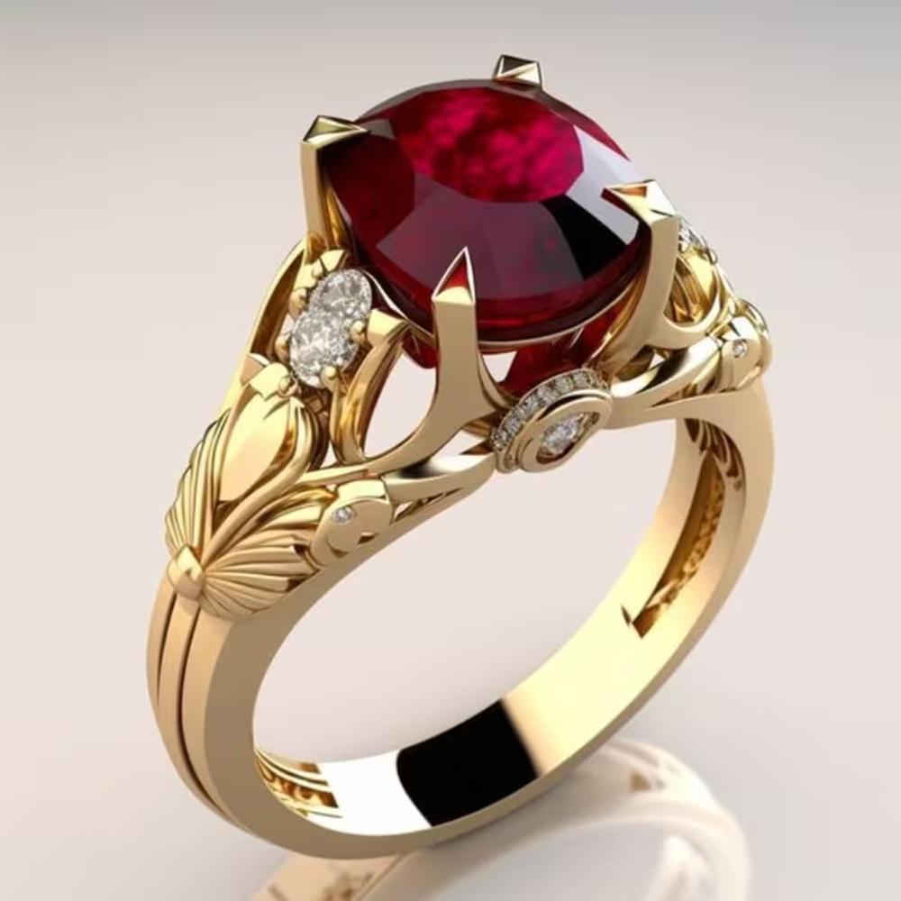 Retro Leaf Carved Ruby Ring Gold Color Red Crystal Engagement Ring Luxury Vintage Style Promise Ring for Women Wedding Jewelry