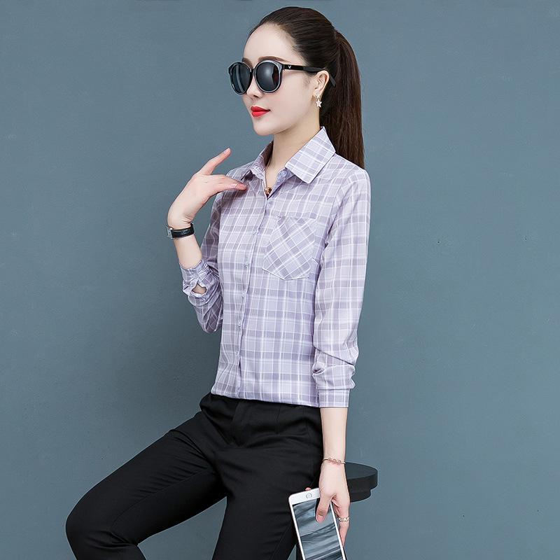 2025 Women's Korean Style Plaid Slimming Shirt - Casual Long Sleeve Print for Spring & Autumn Students