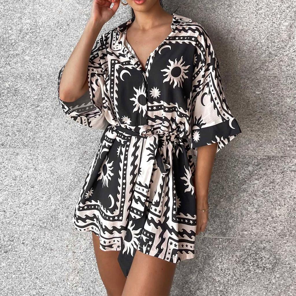Women's Fashionable Casual Loose And Comfortable Tie Waist Open Collar Five Quarter Sleeve Jumpsuit