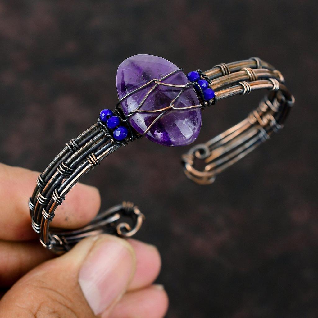 Star Amethyst Cuff Bracelet Lapis Lazuli Beads Bangle Copper Wire Wrapped Jewelry Adjustable Cuff Bracelet Gemstone Jewelry Handmade Bangle