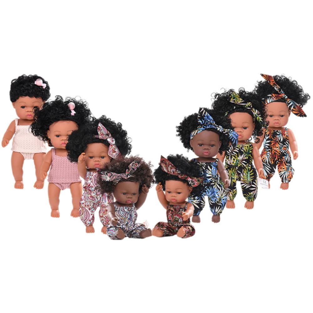 33cm Full Silicone Body Reborn Baby Doll Toys Dark Black Brown Skin Optional Rebirth Doll Lifelike Curly Hair Newborn Doll for Kids Birthday Xmas Gift