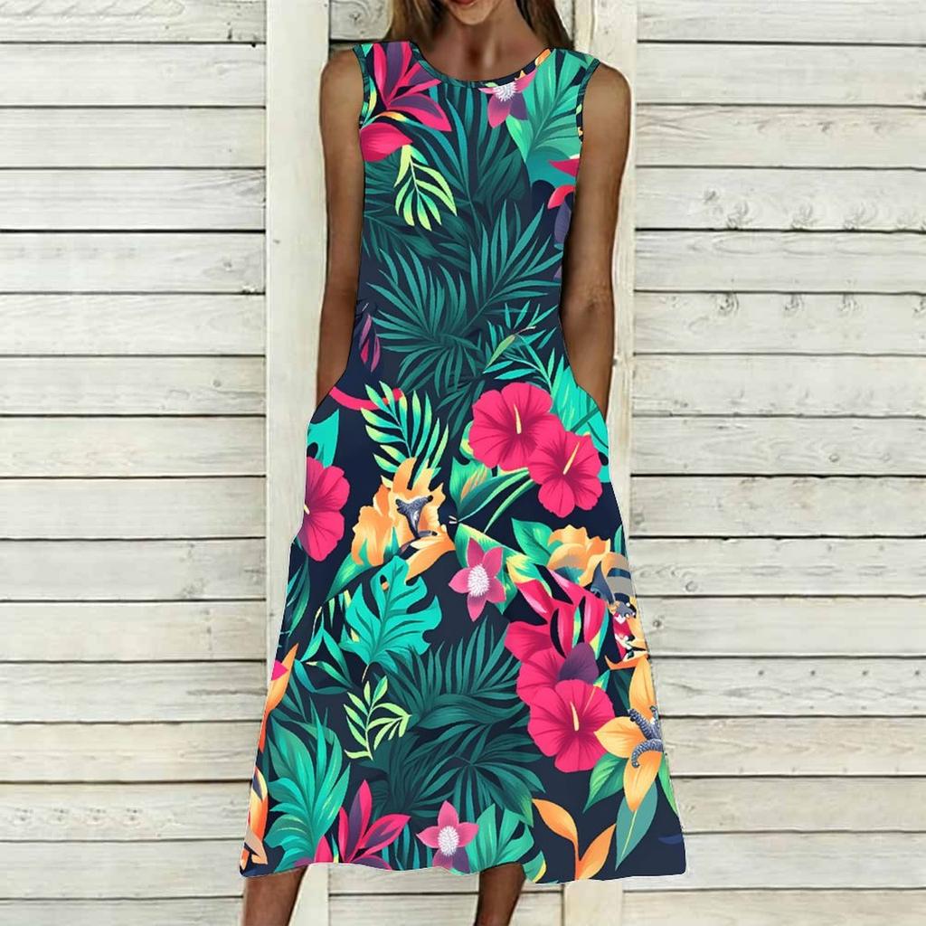 Oversized Female Sleeveless Round Neck Dress Fresh Tiny Floral Printed Loose Mid Length Outfit