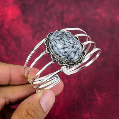 Bracciale in argento sterling massiccio Pinolith 925, bracciale con pietre preziose fatto a mano, per il Memorial Day