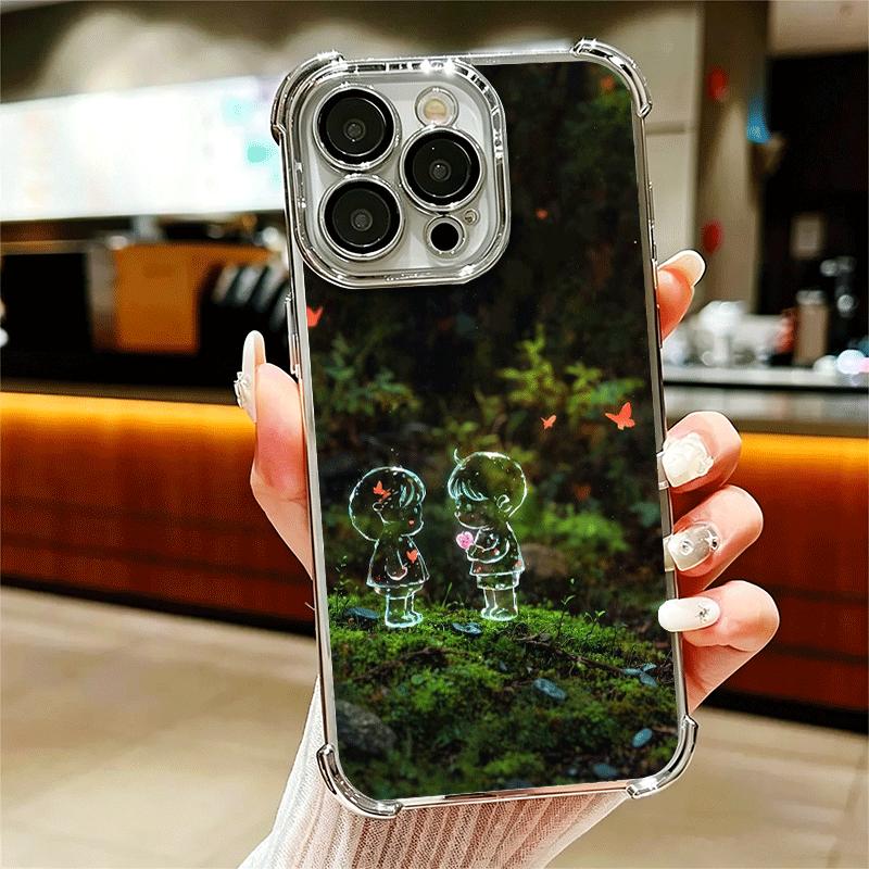 Nature Cute Child Painting Style Plating Phone Case For Iphone 16 17 Pro Max Air 16E 14 15 Plus 12 13 Mini Anti-Fall Airabag Cov