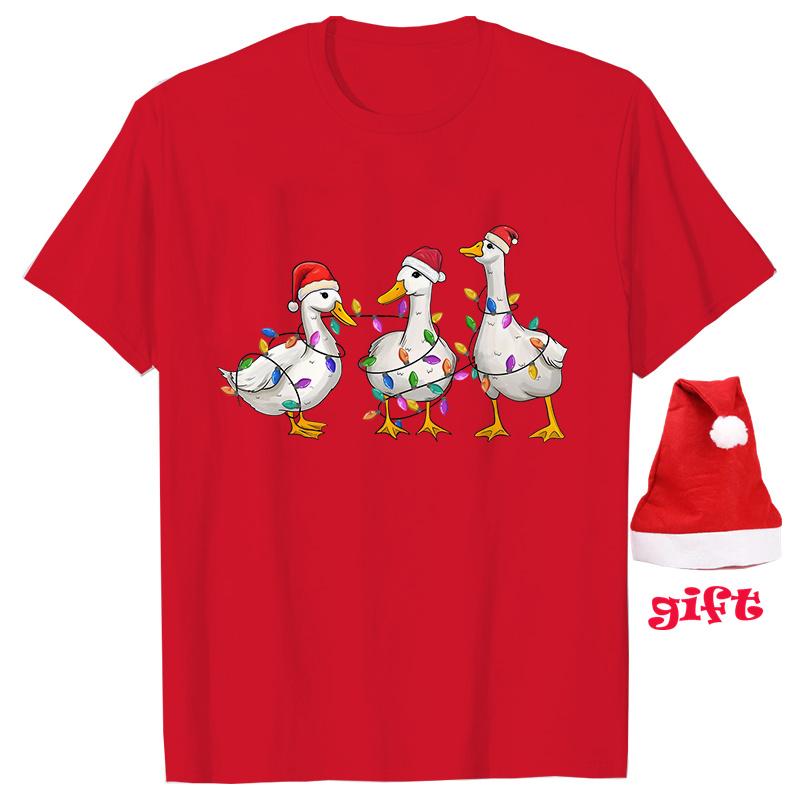 Funny Duck Christmas Print Tops Fashion Women Firends Xmas Party Tees Graphic Tops with Christmas Hats Female Clothing T-shirt