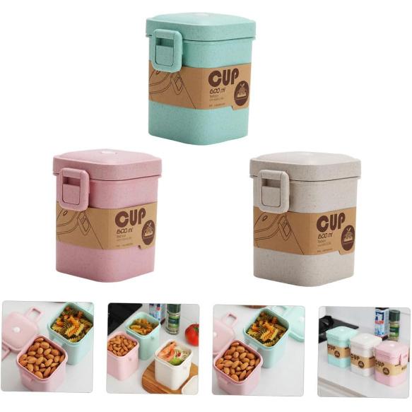 Cabilock 3pcs Wheat Straw Soup Cup Microwaveable Porridge Breakfast Cups with Sealed Lid Square School Picnic Green Beige Pink