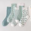 5 Pairs Socks Women's Autumn and Winter Mori Green Mid-calf Socks White Trend High Top Socks Cotton Socks Dotted Plaid Stockings
