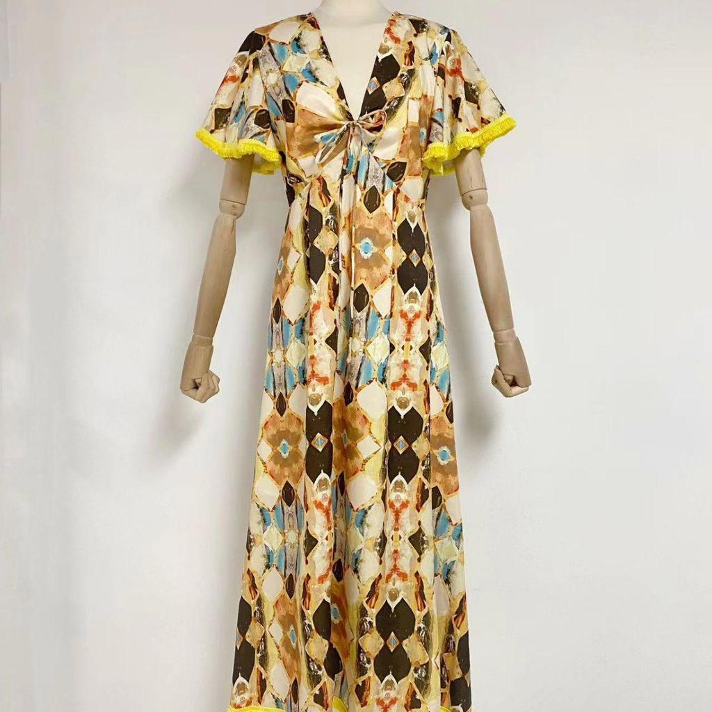 Women's 2023 Autumn V-Neck Tassel Splice Backless Long Dress with Lace-Up Waist