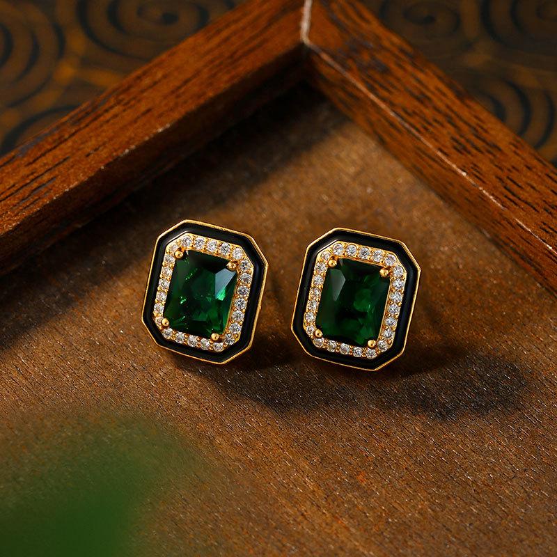 

Paraiba Green Diamond Square Princess Earrings with Black Enamel Gold Plated