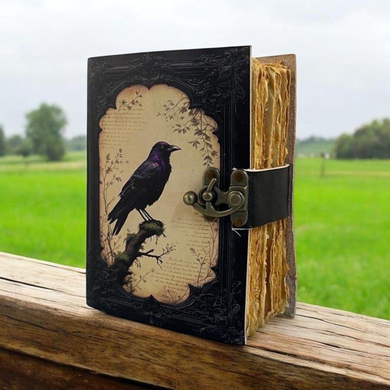 Leather Journal Gothic Notebook The Raven Grimoire Print - Vintage Handamde Journal Book of Shadows Witchcrafts Journal Gifts for Men