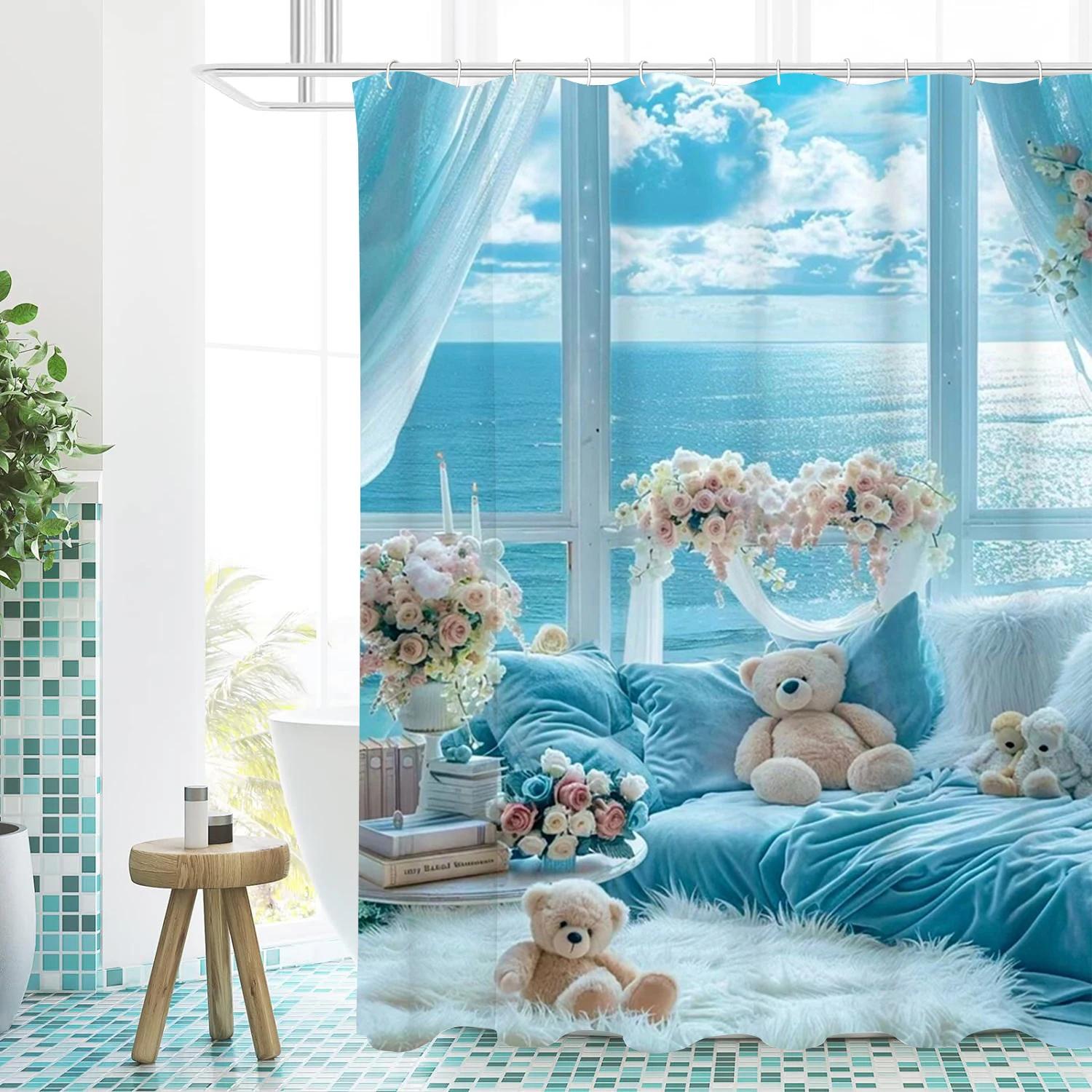 

Sea View Wallpape Bathing Curtain Bathroom Shower Curtain Waterproof With 12 Hooks Home Deco W60H190(CM)-1 Pcs