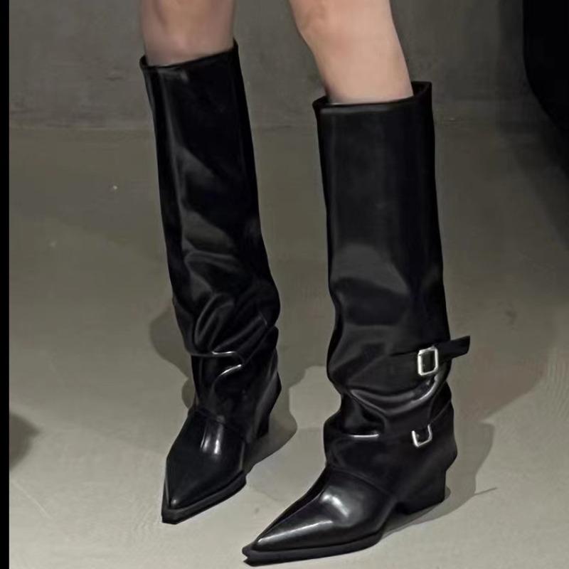 Fashion Women's Knee High Boots Fashion Thick-heeled Pointe Leather Boots Designer Belt Buckle High-Tube Long Boots Women Knight Booties