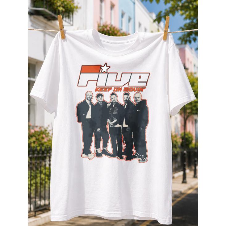 Men s Five Band Music Group T-Shirt - Keep On Movin Band Print Round Neck Loose Fit Tee, Casual Gift Suitable for Music Lovers, Machine Washable S белый